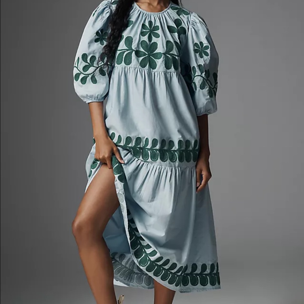 Anthropologie Embroidered Puff-Sleeve Midi Dress Size Small Petite